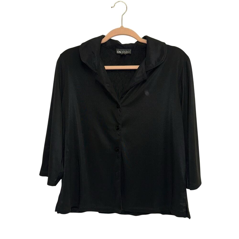 IN Studio Black Blouse XL Made in USA Button Front 3/4 Sleeve Top